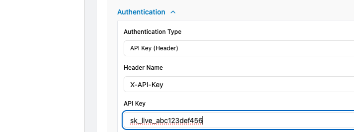API Key header fields filled in with example values